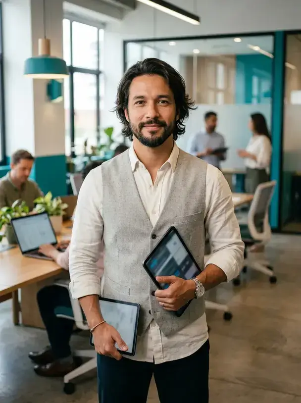 Homem segurando iPad - Consultoria Ápice Go